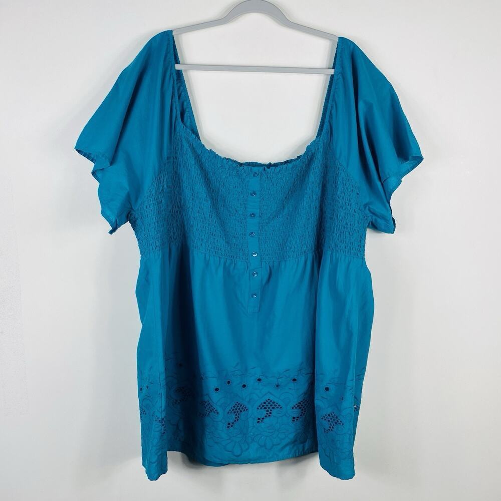 Lane Bryant Plus Size 26 28 Smocked Eyelet Cotton Blouse Top Blue